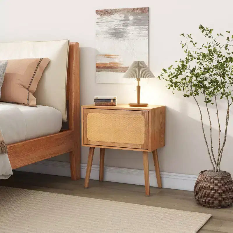 22-inch Swivel Hidden Storage Bedside Table Mid-Century Modern Rattan Wood Leg Side Table Suitable for Bedrooms Natural Finish