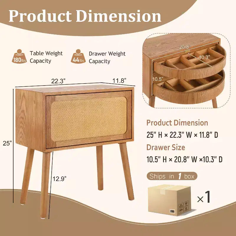22-inch Swivel Hidden Storage Bedside Table Mid-Century Modern Rattan Wood Leg Side Table Suitable for Bedrooms Natural Finish