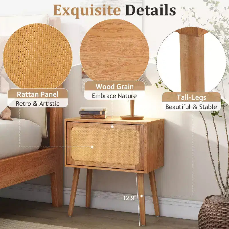 22-inch Swivel Hidden Storage Bedside Table Mid-Century Modern Rattan Wood Leg Side Table Suitable for Bedrooms Natural Finish