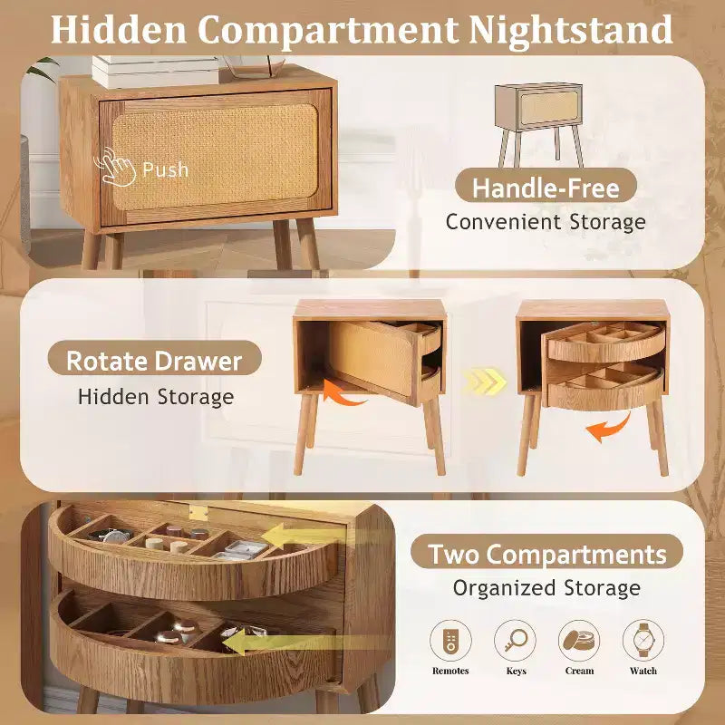 22-inch Swivel Hidden Storage Bedside Table Mid-Century Modern Rattan Wood Leg Side Table Suitable for Bedrooms Natural Finish