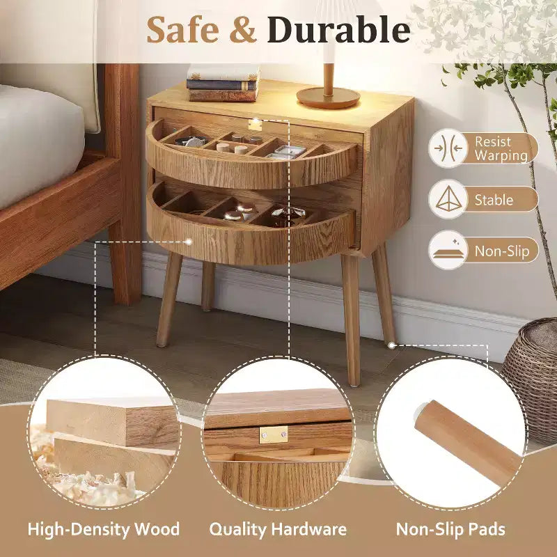 22-inch Swivel Hidden Storage Bedside Table Mid-Century Modern Rattan Wood Leg Side Table Suitable for Bedrooms Natural Finish