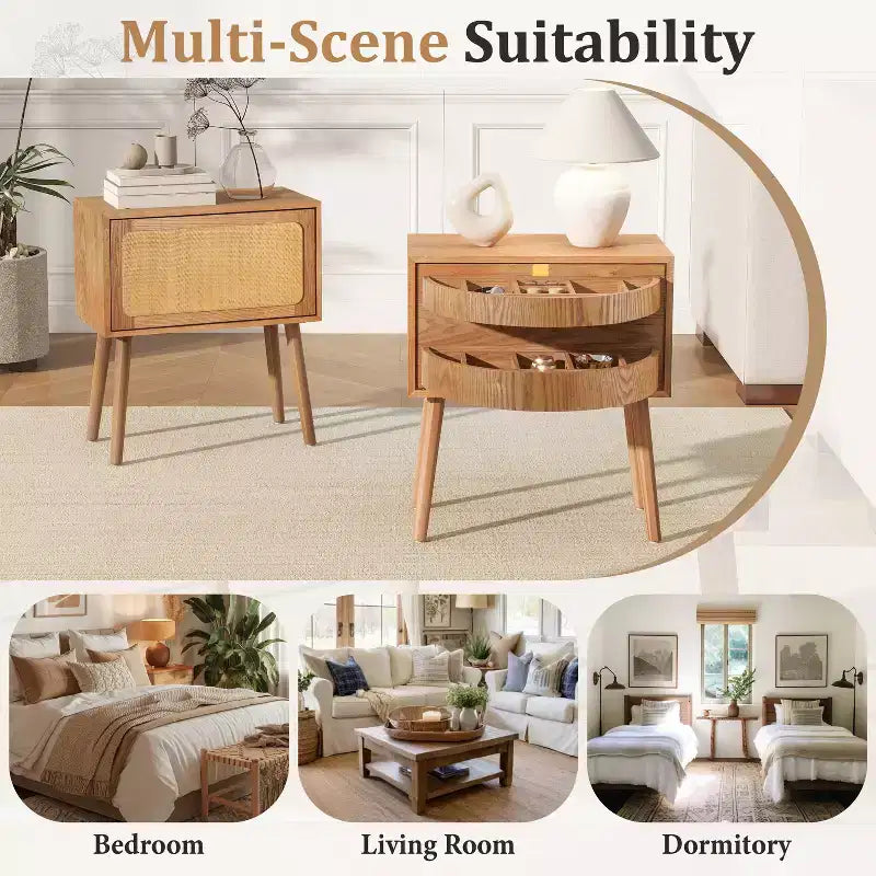 22-inch Swivel Hidden Storage Bedside Table Mid-Century Modern Rattan Wood Leg Side Table Suitable for Bedrooms Natural Finish