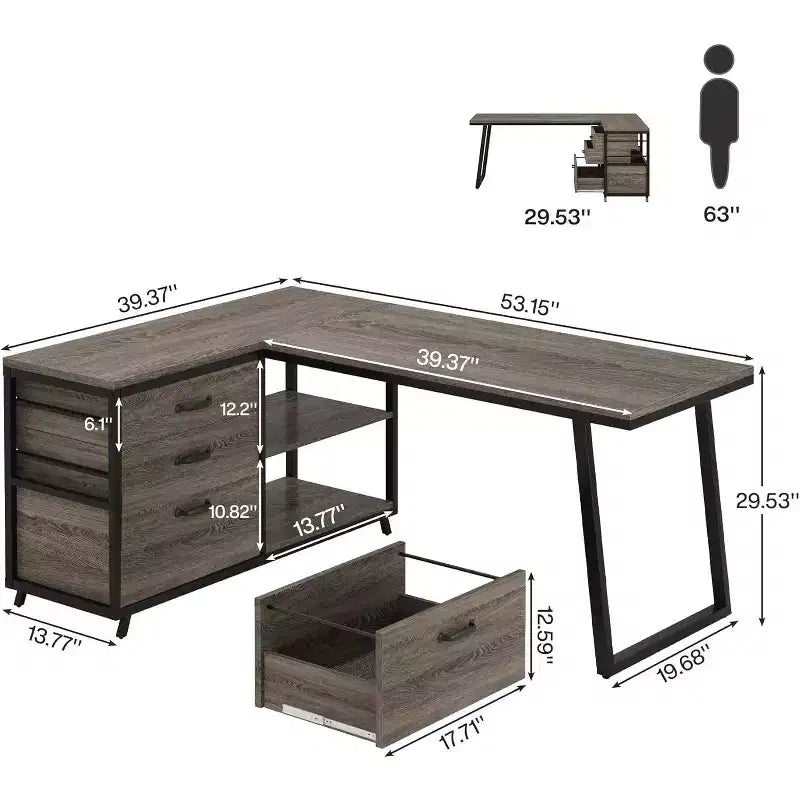 53-Inch L-Shaped Office Desk, Reversible Corner Computer Desk with 3 File Drawers and 2 Storage Shelves for Home Office, Gaming Room, Grey