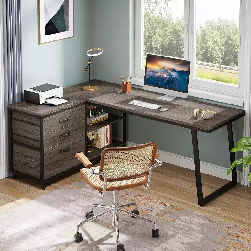 53-Inch L-Shaped Office Desk, Reversible Corner Computer Desk with 3 File Drawers and 2 Storage Shelves for Home Office, Gaming Room, Grey