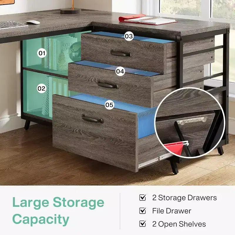 53-Inch L-Shaped Office Desk, Reversible Corner Computer Desk with 3 File Drawers and 2 Storage Shelves for Home Office, Gaming Room, Grey
