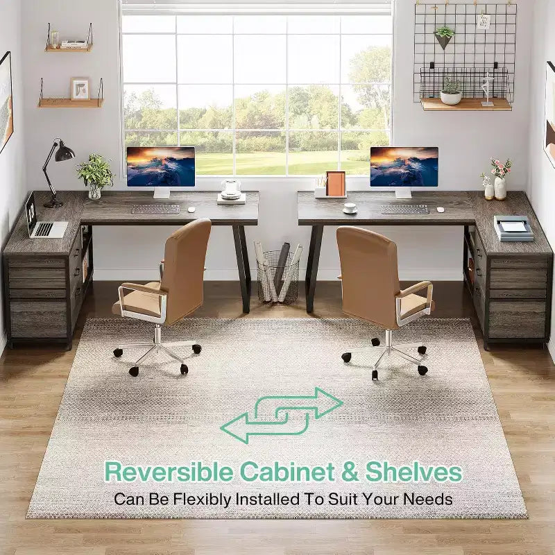 53-Inch L-Shaped Office Desk, Reversible Corner Computer Desk with 3 File Drawers and 2 Storage Shelves for Home Office, Gaming Room, Grey