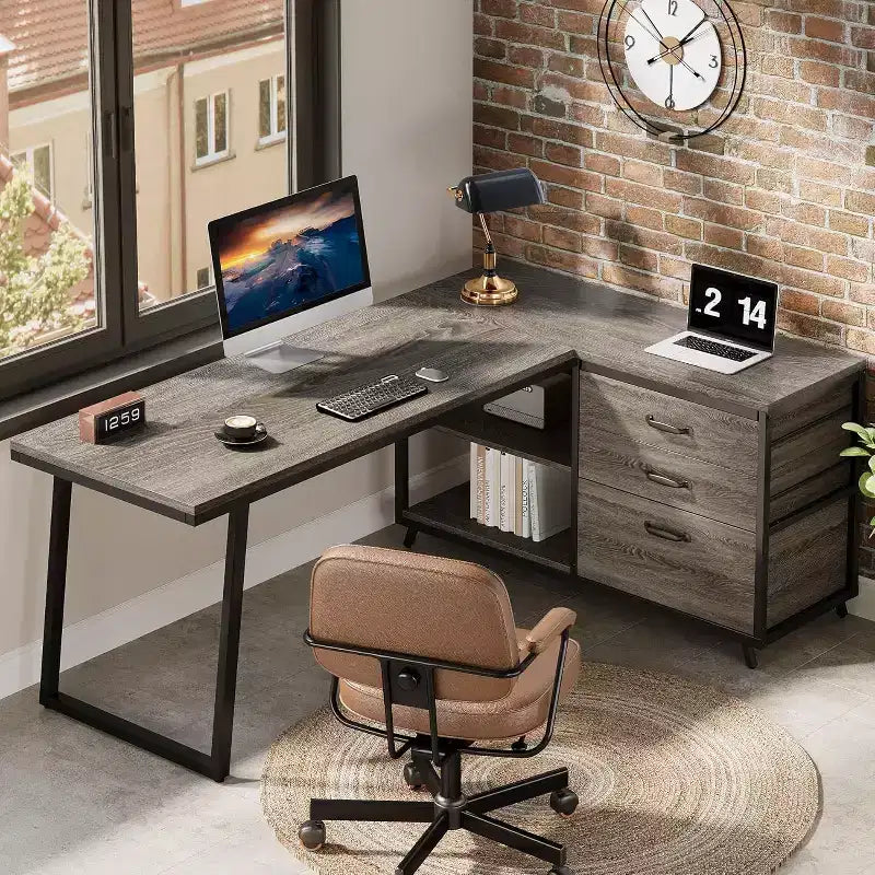 53-Inch L-Shaped Office Desk, Reversible Corner Computer Desk with 3 File Drawers and 2 Storage Shelves for Home Office, Gaming Room, Grey