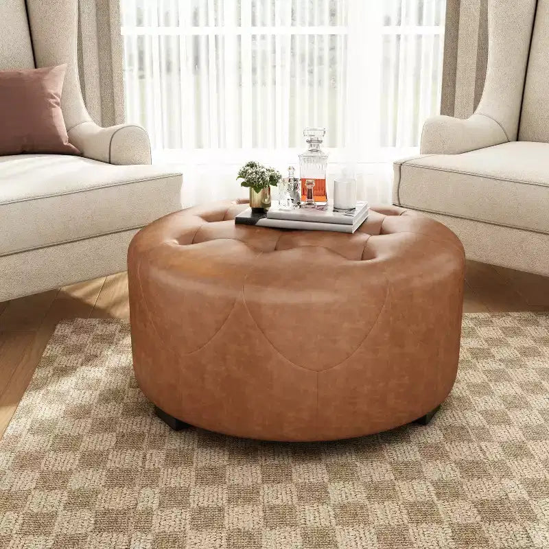 Round Button Tufted Ottoman, PU/Linen Upholstered Footstool with Birch Wood Legs