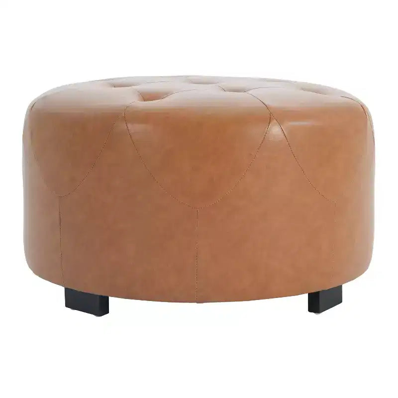 Round Button Tufted Ottoman, PU/Linen Upholstered Footstool with Birch Wood Legs
