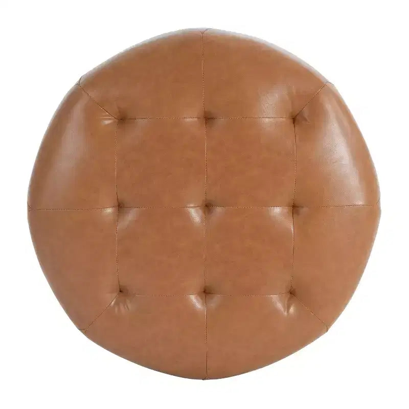 Round Button Tufted Ottoman, PU/Linen Upholstered Footstool with Birch Wood Legs