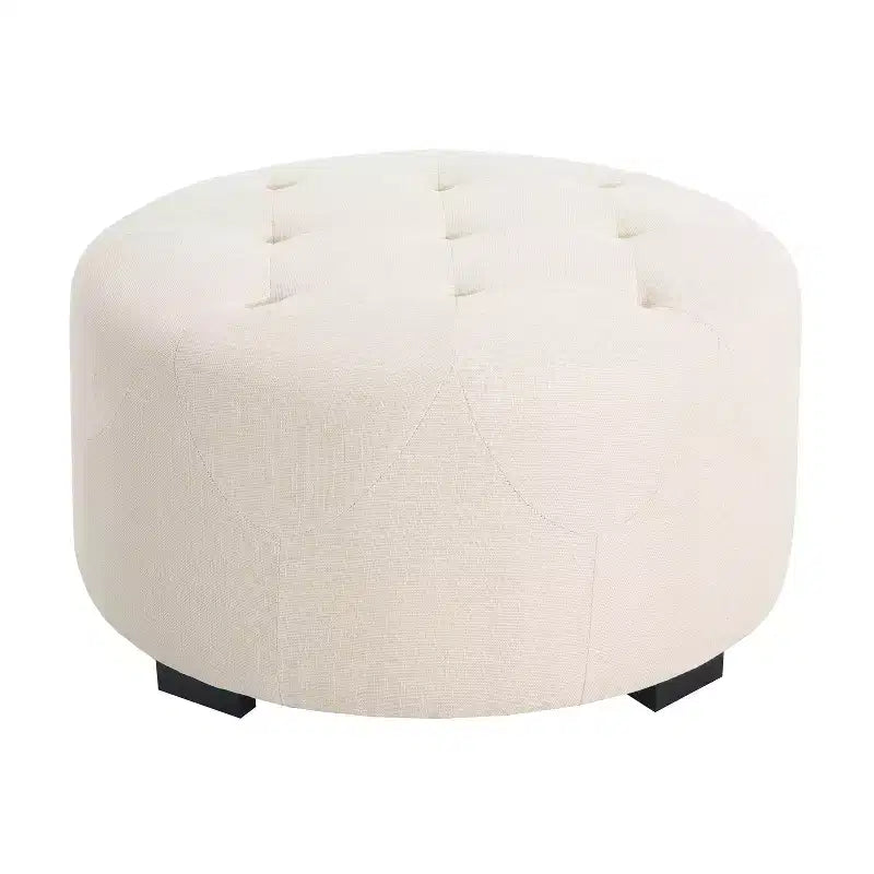 Round Button Tufted Ottoman, PU/Linen Upholstered Footstool with Birch Wood Legs