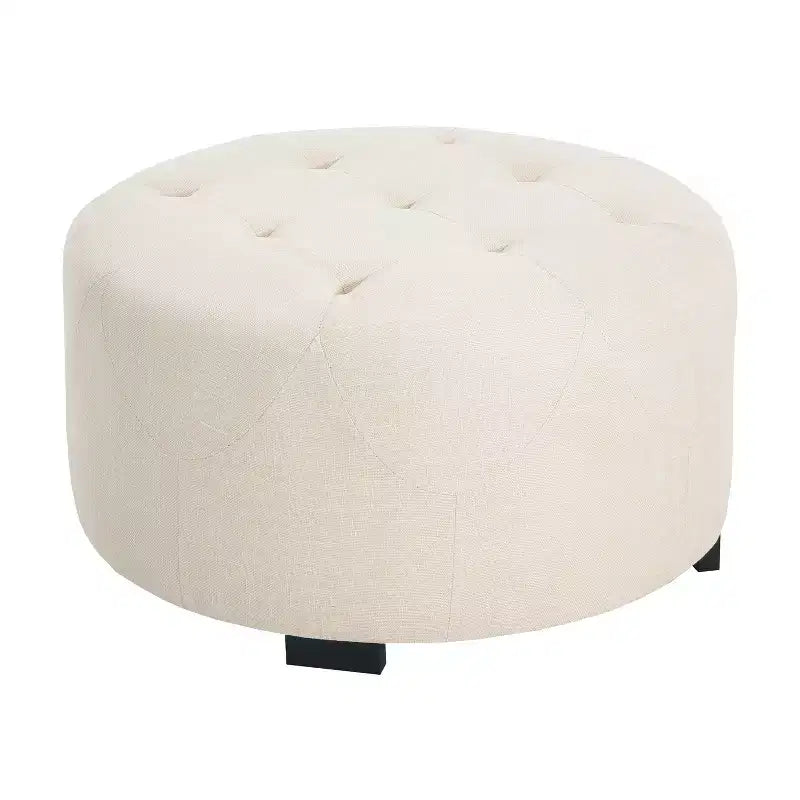 Round Button Tufted Ottoman, PU/Linen Upholstered Footstool with Birch Wood Legs