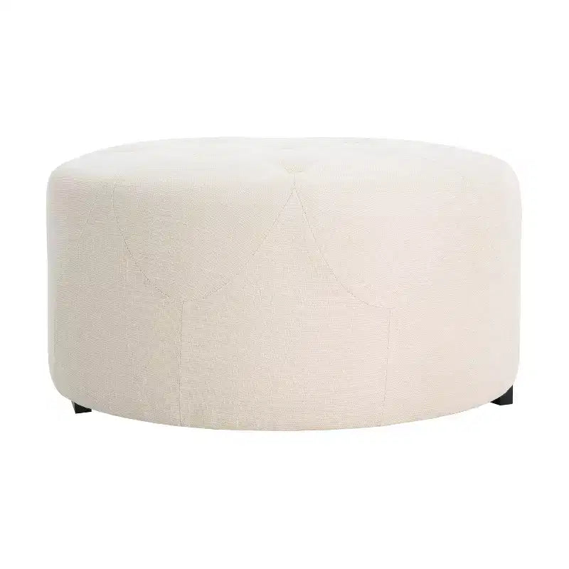 Round Button Tufted Ottoman, PU/Linen Upholstered Footstool with Birch Wood Legs