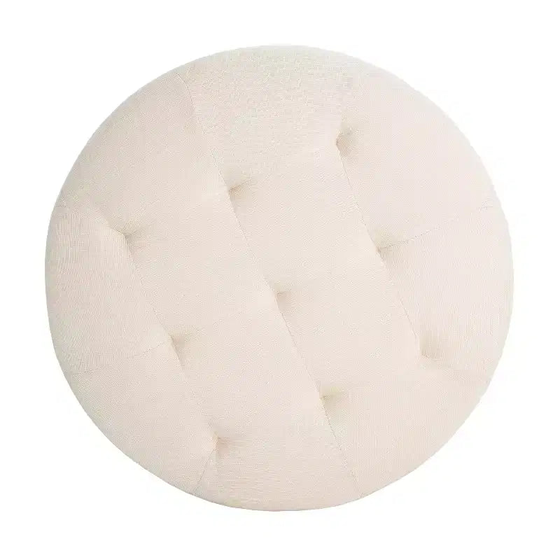 Round Button Tufted Ottoman, PU/Linen Upholstered Footstool with Birch Wood Legs