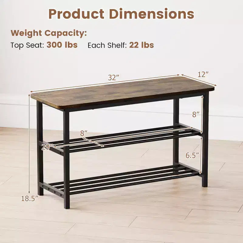 3-Tier Shoe Rack Bench w/ Heavy Duty Metal Frame & 300 lbs Seat for Hallway