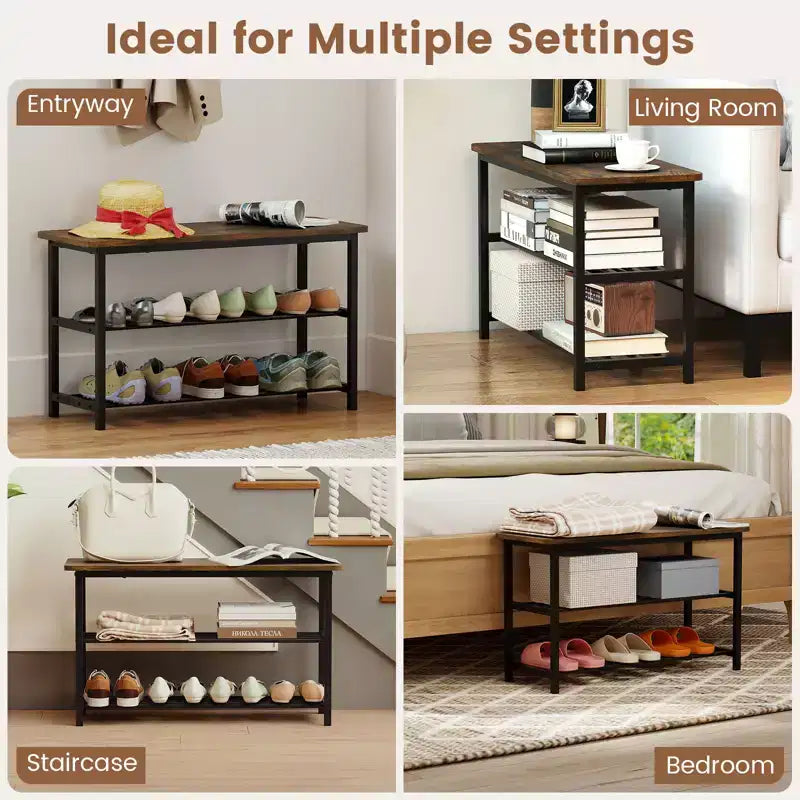 3-Tier Shoe Rack Bench w/ Heavy Duty Metal Frame & 300 lbs Seat for Hallway