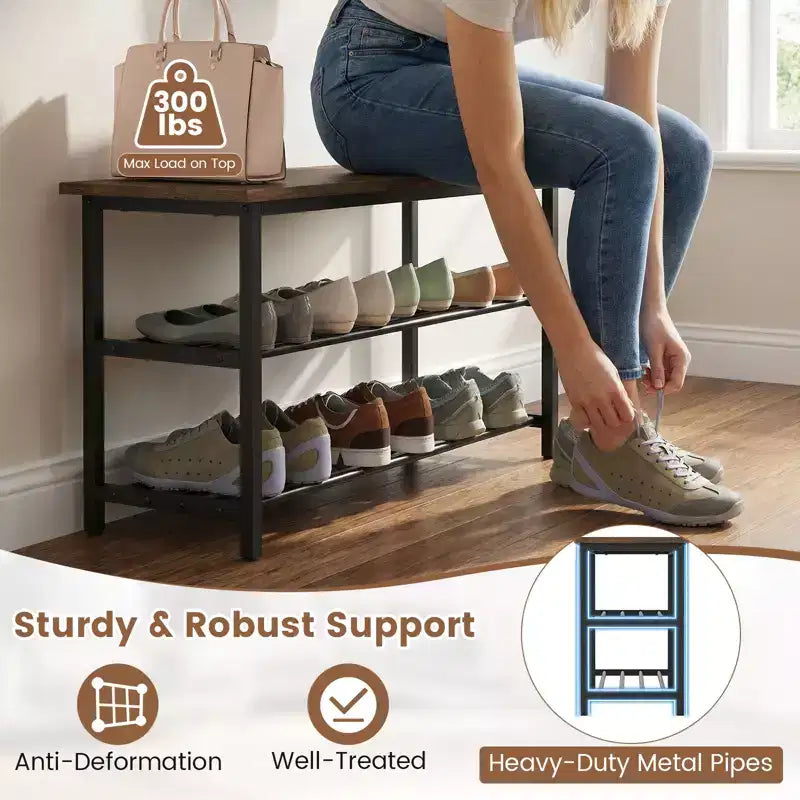 3-Tier Shoe Rack Bench w/ Heavy Duty Metal Frame & 300 lbs Seat for Hallway