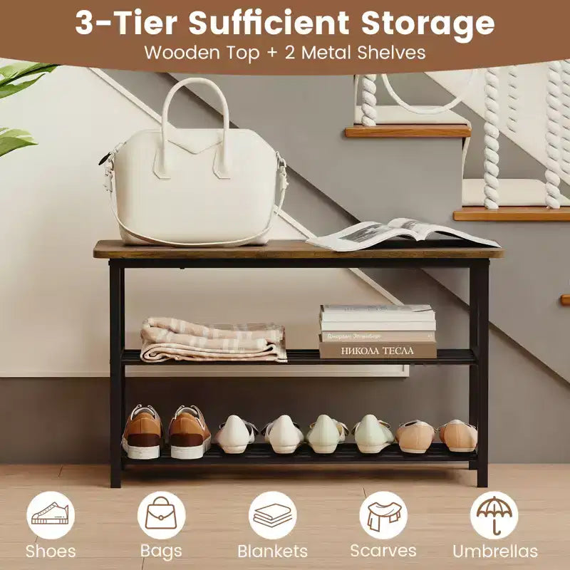 3-Tier Shoe Rack Bench w/ Heavy Duty Metal Frame & 300 lbs Seat for Hallway