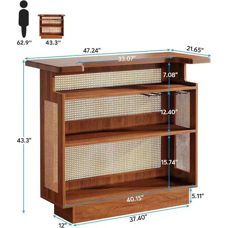 Meuble de bar en rotin pour la maison, table de bar de ferme à 4 niveaux avec 4 porte-verres à pied, brun caramel