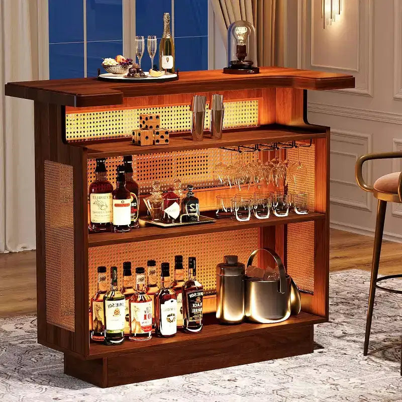 Meuble de bar en rotin pour la maison, table de bar de ferme à 4 niveaux avec 4 porte-verres à pied, brun caramel