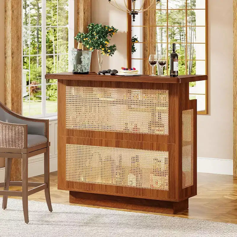 Meuble de bar en rotin pour la maison, table de bar de ferme à 4 niveaux avec 4 porte-verres à pied, brun caramel