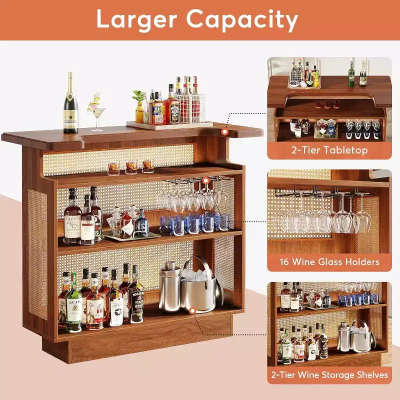 Meuble de bar en rotin pour la maison, table de bar de ferme à 4 niveaux avec 4 porte-verres à pied, brun caramel