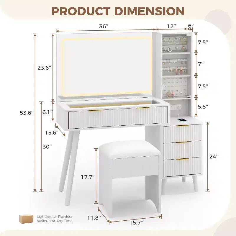 48 Fluted Makeup Vanity Desk with Large Lighted Mirror, Charging Station & Cushioned Storage Stool for Bedroom