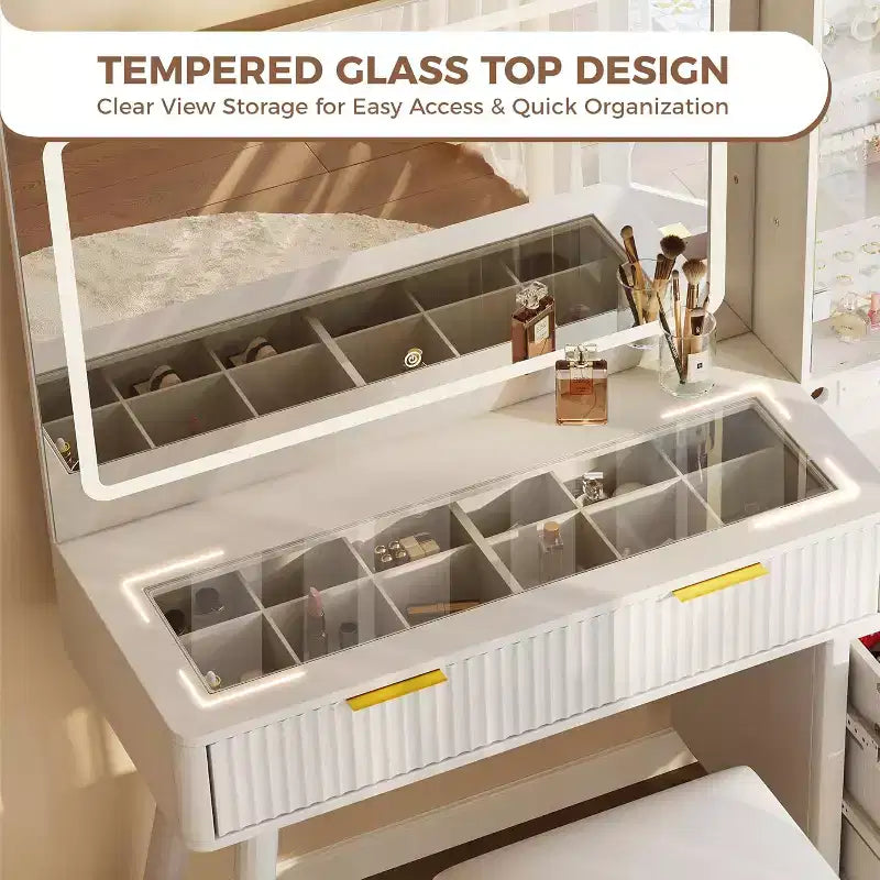 48 Fluted Makeup Vanity Desk with Large Lighted Mirror, Charging Station & Cushioned Storage Stool for Bedroom