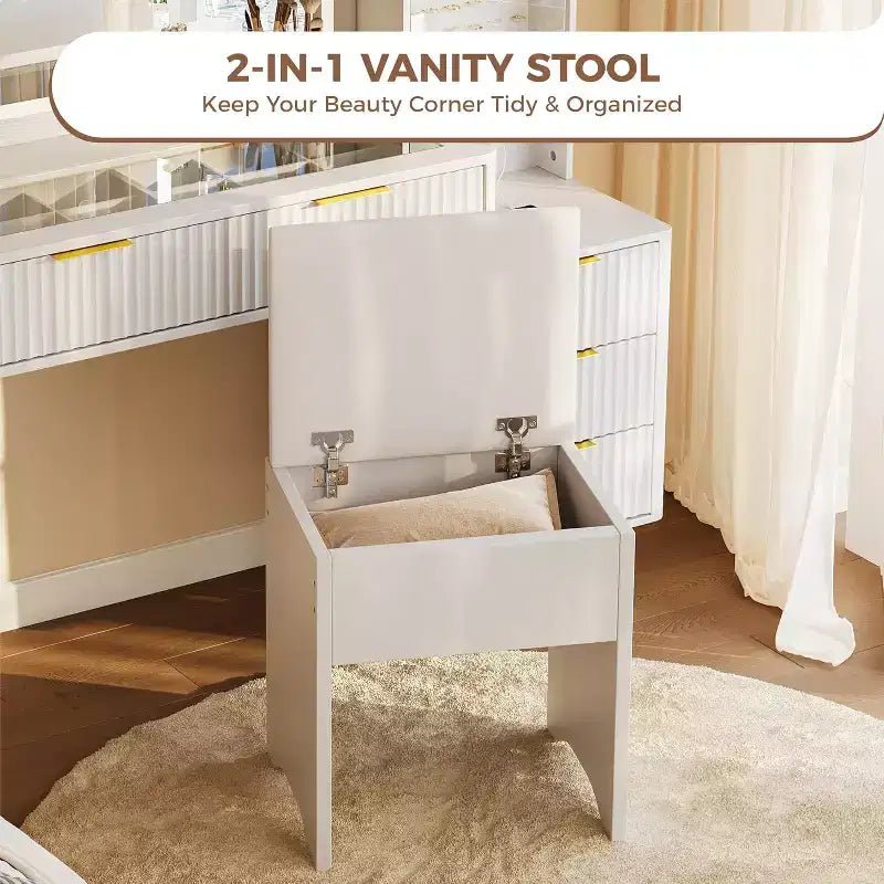 48 Fluted Makeup Vanity Desk with Large Lighted Mirror, Charging Station & Cushioned Storage Stool for Bedroom