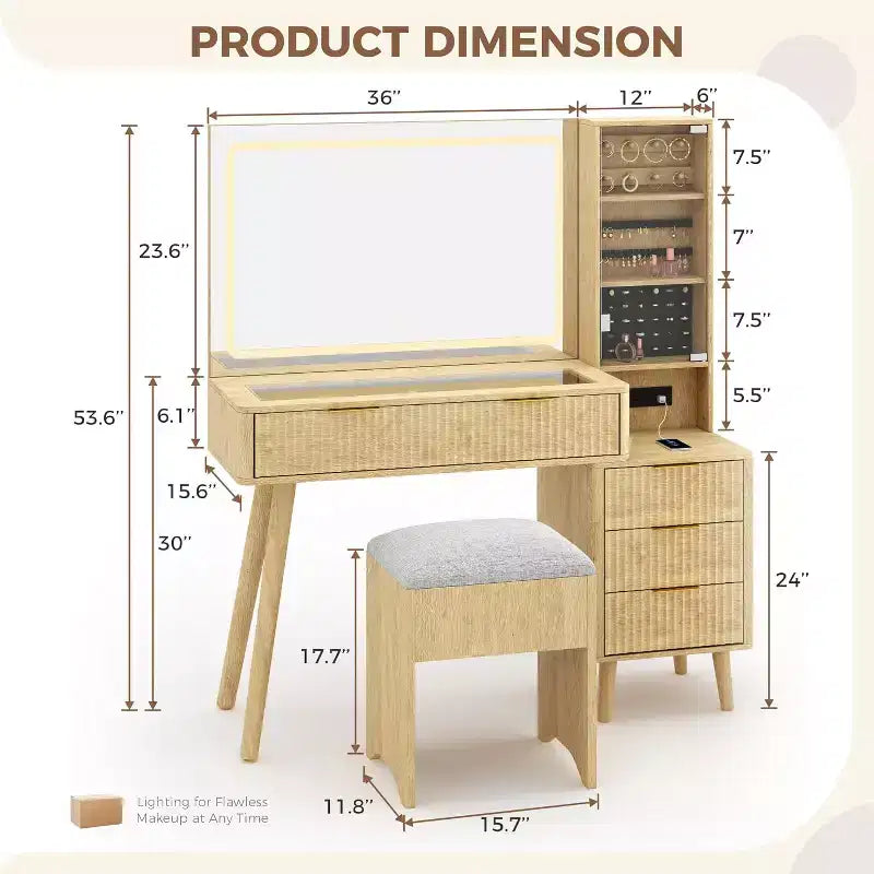 48 Fluted Makeup Vanity Desk with Large Lighted Mirror, Charging Station & Cushioned Storage Stool for Bedroom