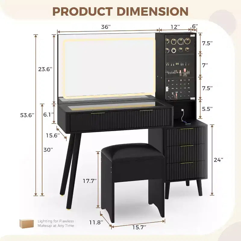 48 Fluted Makeup Vanity Desk with Large Lighted Mirror, Charging Station & Cushioned Storage Stool for Bedroom