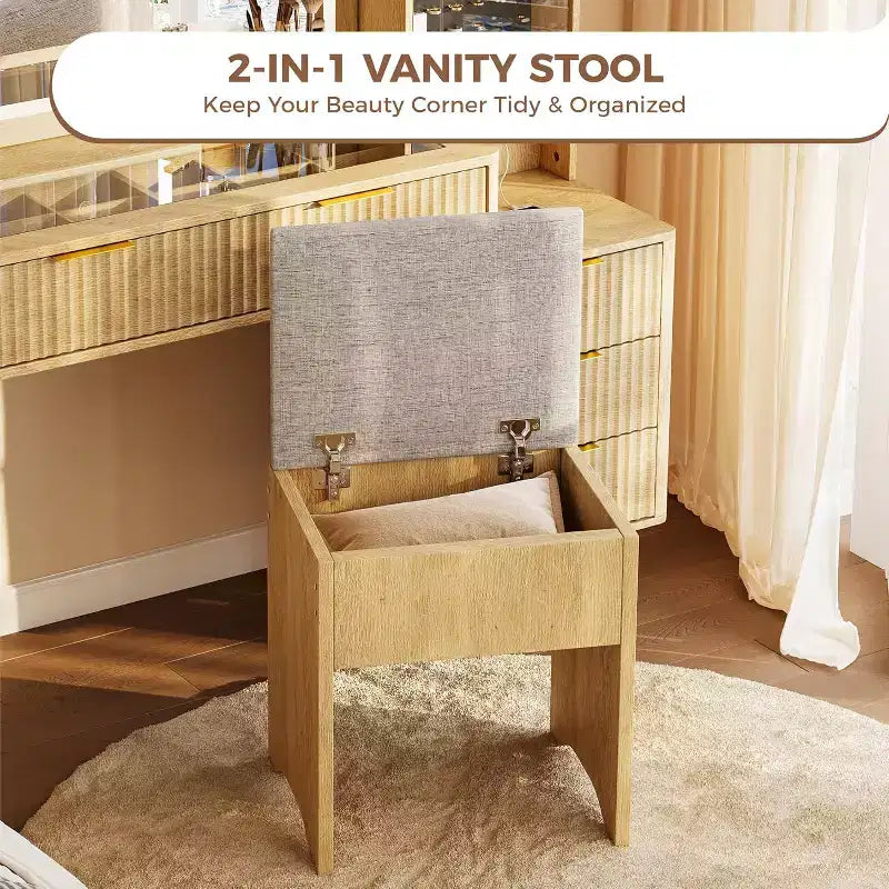 48 Fluted Makeup Vanity Desk with Large Lighted Mirror, Charging Station & Cushioned Storage Stool for Bedroom