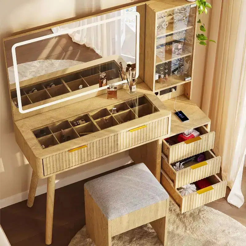 48 Fluted Makeup Vanity Desk with Large Lighted Mirror, Charging Station & Cushioned Storage Stool for Bedroom
