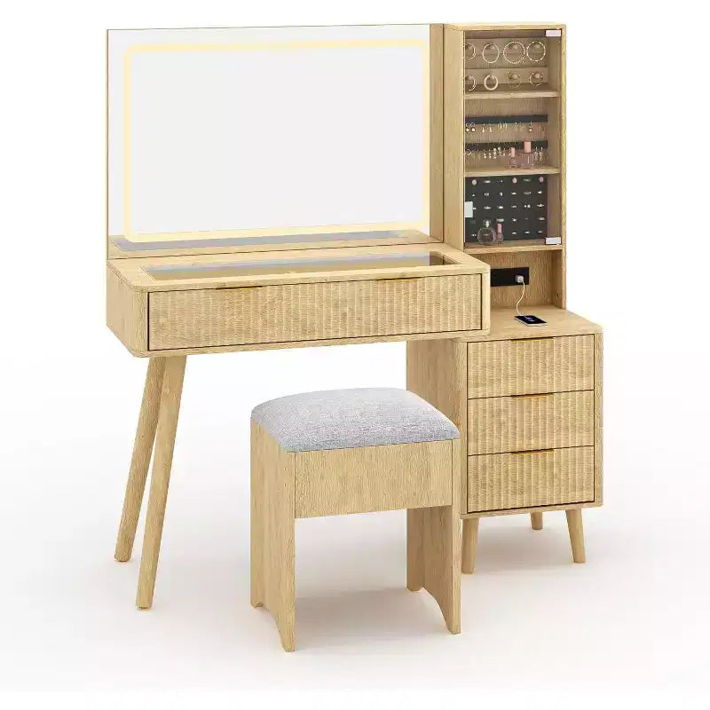 48 Fluted Makeup Vanity Desk with Large Lighted Mirror, Charging Station & Cushioned Storage Stool for Bedroom