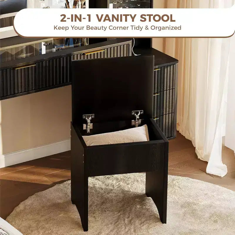 48 Fluted Makeup Vanity Desk with Large Lighted Mirror, Charging Station & Cushioned Storage Stool for Bedroom