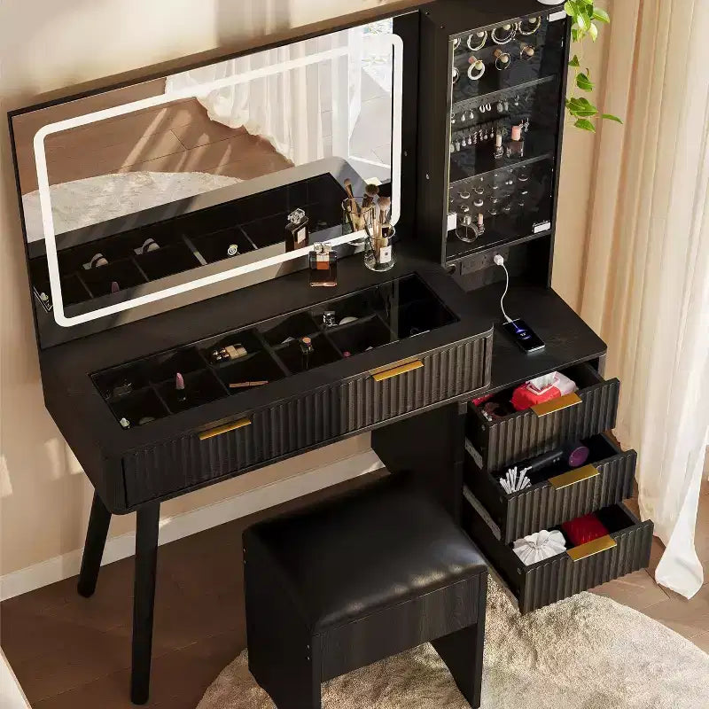 48 Fluted Makeup Vanity Desk with Large Lighted Mirror, Charging Station & Cushioned Storage Stool for Bedroom