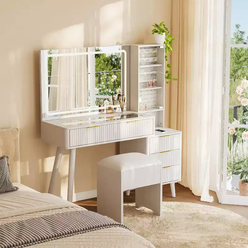 48 Fluted Makeup Vanity Desk with Large Lighted Mirror, Charging Station & Cushioned Storage Stool for Bedroom