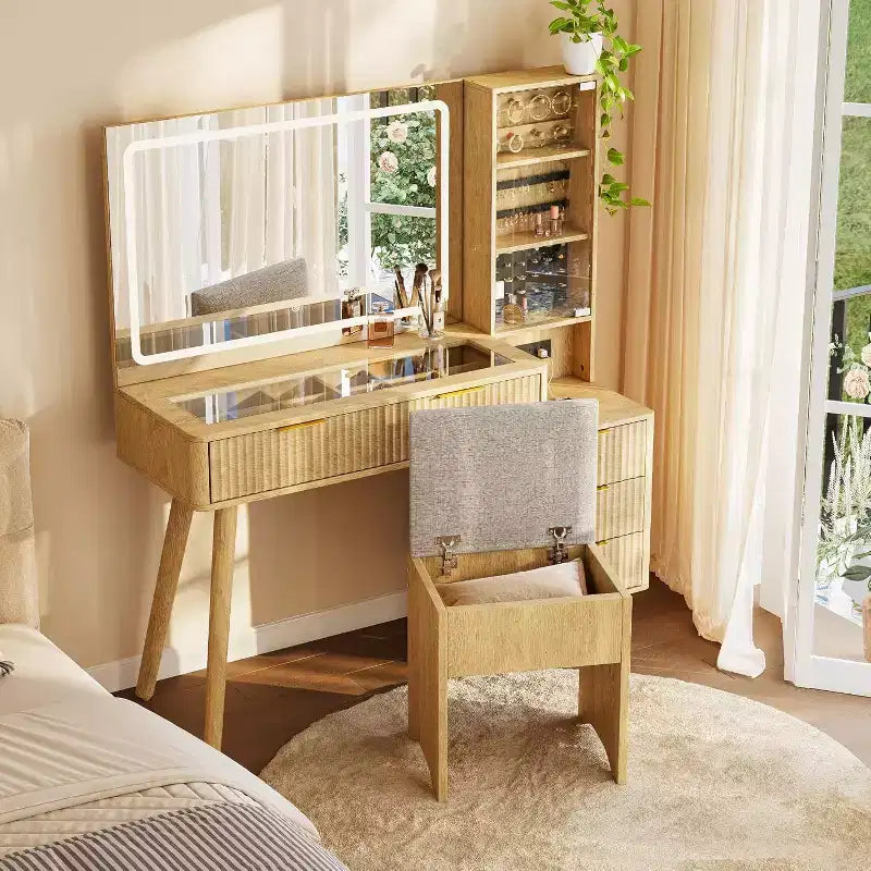 48 Fluted Makeup Vanity Desk with Large Lighted Mirror, Charging Station & Cushioned Storage Stool for Bedroom