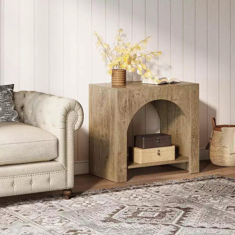 Farmhouse End Side Table: Large, heavy-duty wooden pedestal, storage, for living room/bedroom, accent furniture, Light Brown Oak.