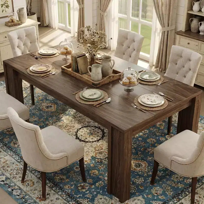 Farmhouse Dining Table for 6-8 Guests, 71 Long Rectangular Wooden Table with Wide H-Legs & Sturdy Frame for Kitchen, Dining Room & Apartment