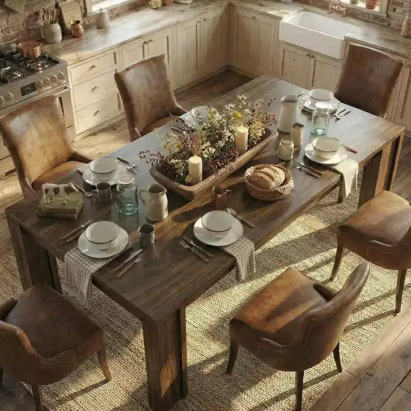 Farmhouse Dining Table for 6-8 Guests, 71 Long Rectangular Wooden Table with Wide H-Legs & Sturdy Frame for Kitchen, Dining Room & Apartment