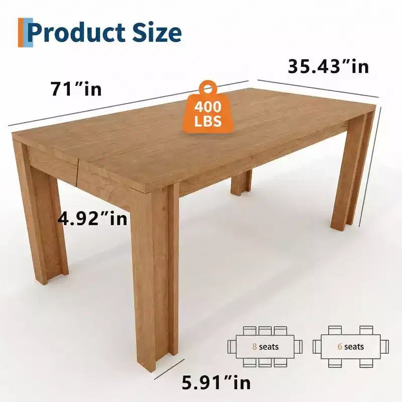Farmhouse Dining Table for 6-8 Guests, 71 Long Rectangular Wooden Table with Wide H-Legs & Sturdy Frame for Kitchen, Dining Room & Apartment
