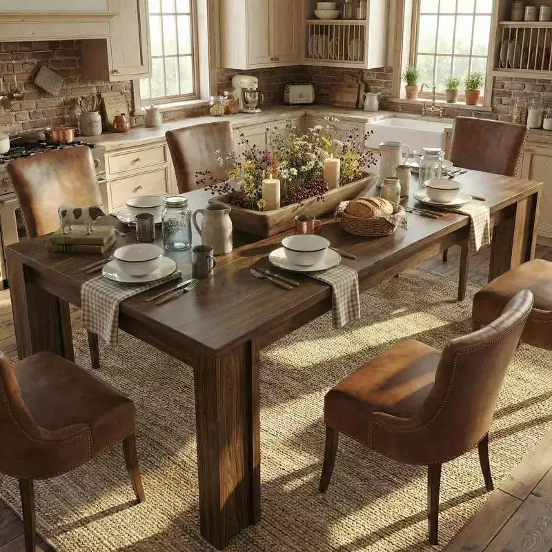 Farmhouse Dining Table for 6-8 Guests, 71 Long Rectangular Wooden Table with Wide H-Legs & Sturdy Frame for Kitchen, Dining Room & Apartment