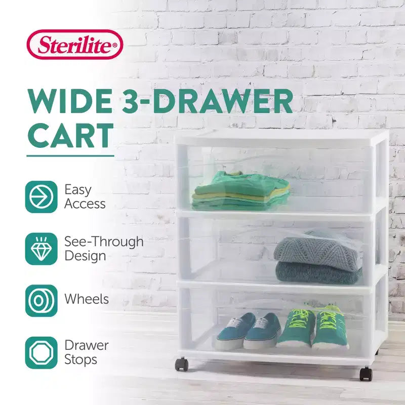 Wide 3 Drawer Storage Cart, Plastic Rolling Organizer, White, 4 Pack