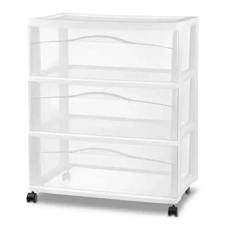 Wide 3 Drawer Storage Cart, Plastic Rolling Organizer, White, 4 Pack