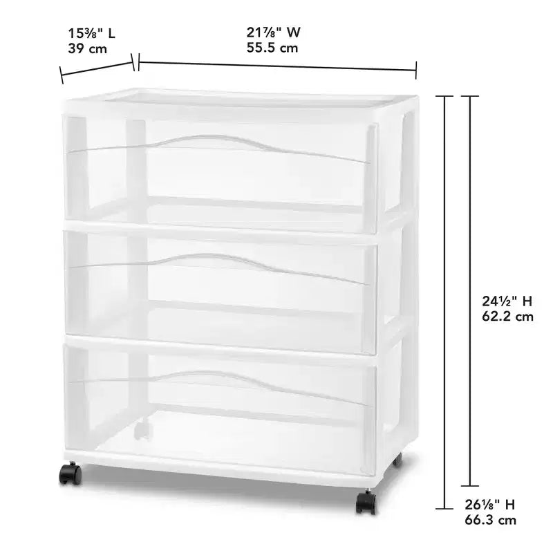 Wide 3 Drawer Storage Cart, Plastic Rolling Organizer, White, 4 Pack