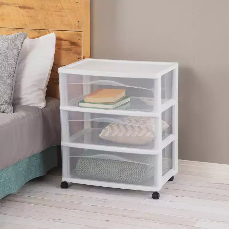 Wide 3 Drawer Storage Cart, Plastic Rolling Organizer, White, 4 Pack