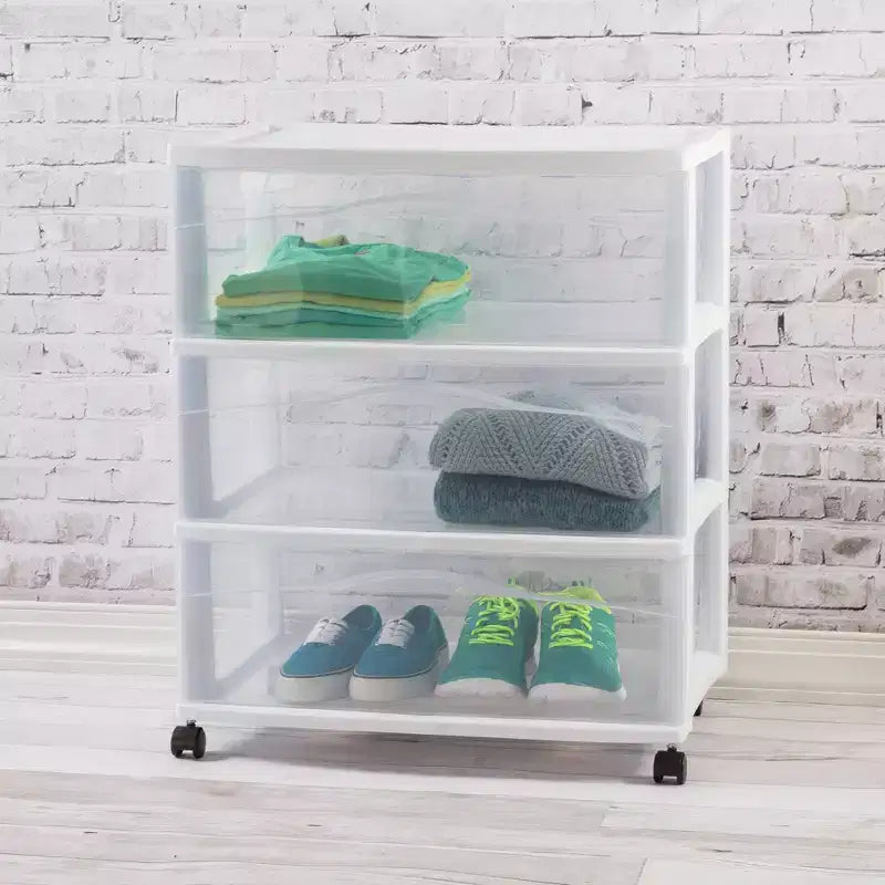 Wide 3 Drawer Storage Cart, Plastic Rolling Organizer, White, 4 Pack