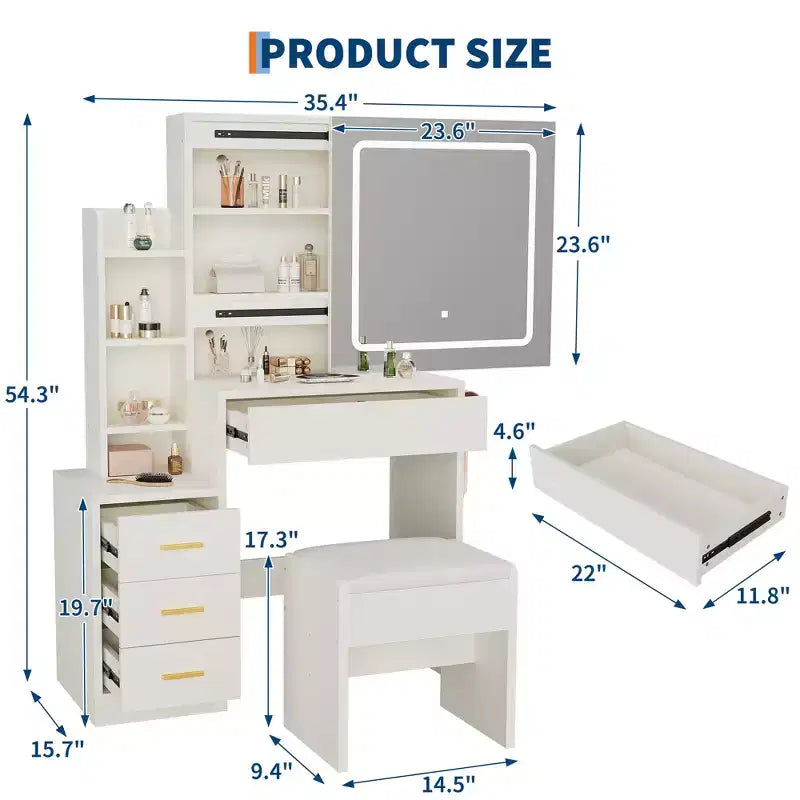 54.3 Modern LED Makeup Vanity Set with Upholstered Stool, 4 Drawers & Sliding Mirror, Open Storage Shelves for Bedroom & Bathroom