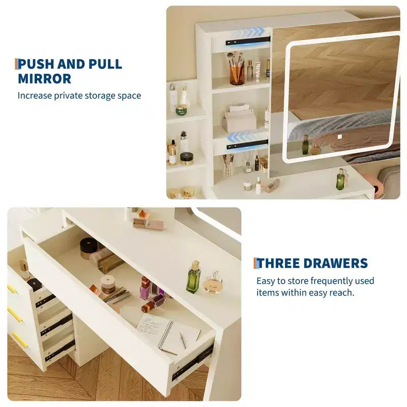 54.3 Modern LED Makeup Vanity Set with Upholstered Stool, 4 Drawers & Sliding Mirror, Open Storage Shelves for Bedroom & Bathroom
